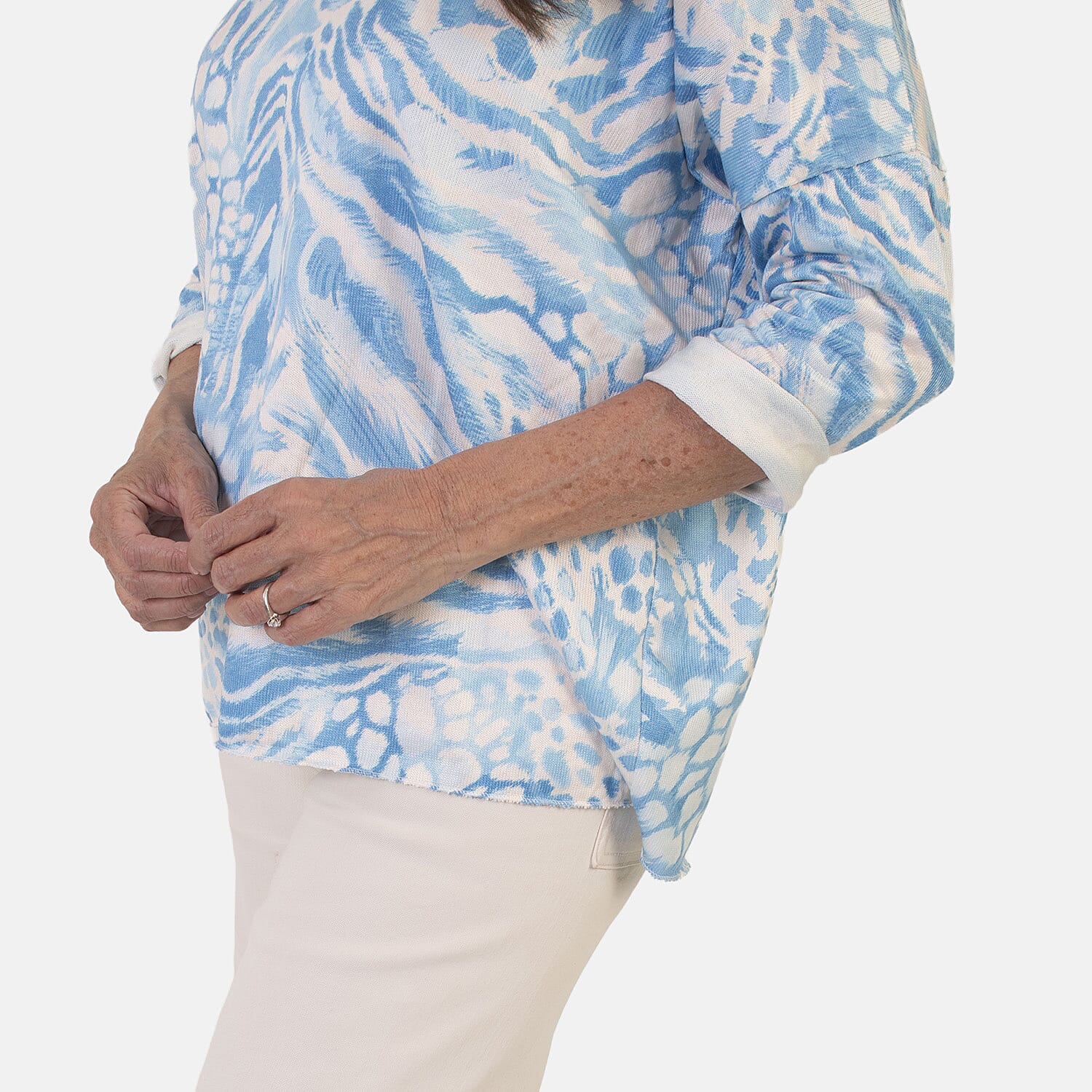 Sugar Crisp Italian Made V-Neck Abstract Print Top One-Size (Fits upto Size 18) - Blue
