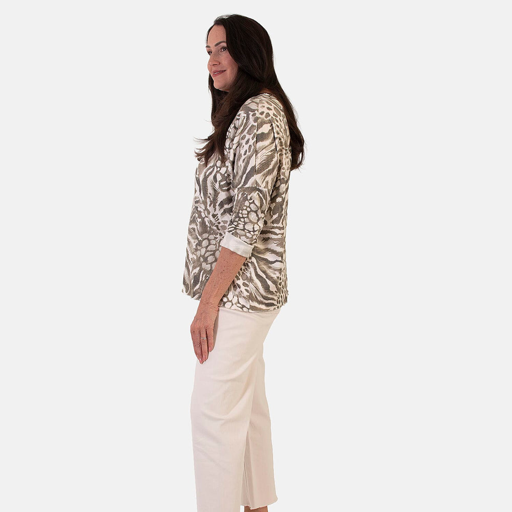 Sugar Crisp Italian Made V-Neck Abstract Print Top One-Size (Fits upto Size 22) - Khaki