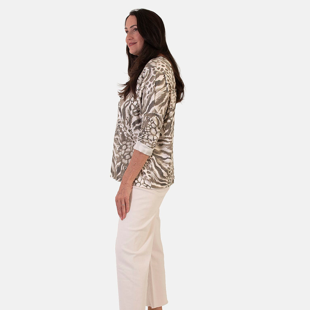 Sugar Crisp Italian Made V-Neck Abstract Print Top One-Size (Fits upto Size 22) - Khaki