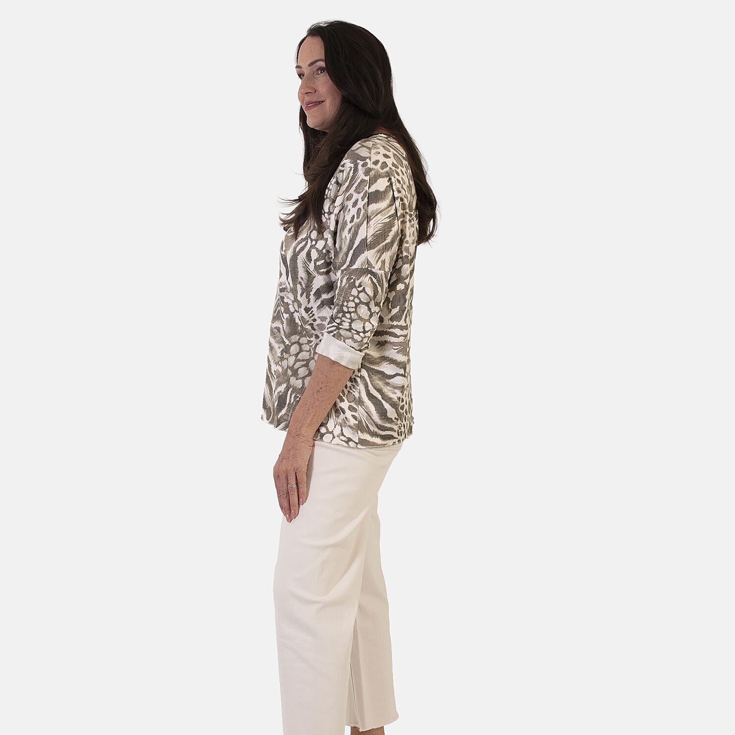 Sugar Crisp Italian Made V-Neck Abstract Print Top One-Size (Fits upto Size 22) - Khaki