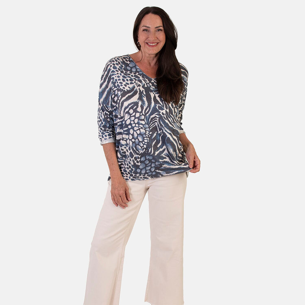 Sugar Crisp Italian Made V-Neck Abstract Print Top One-Size (Fits upto Size 18) - Navy