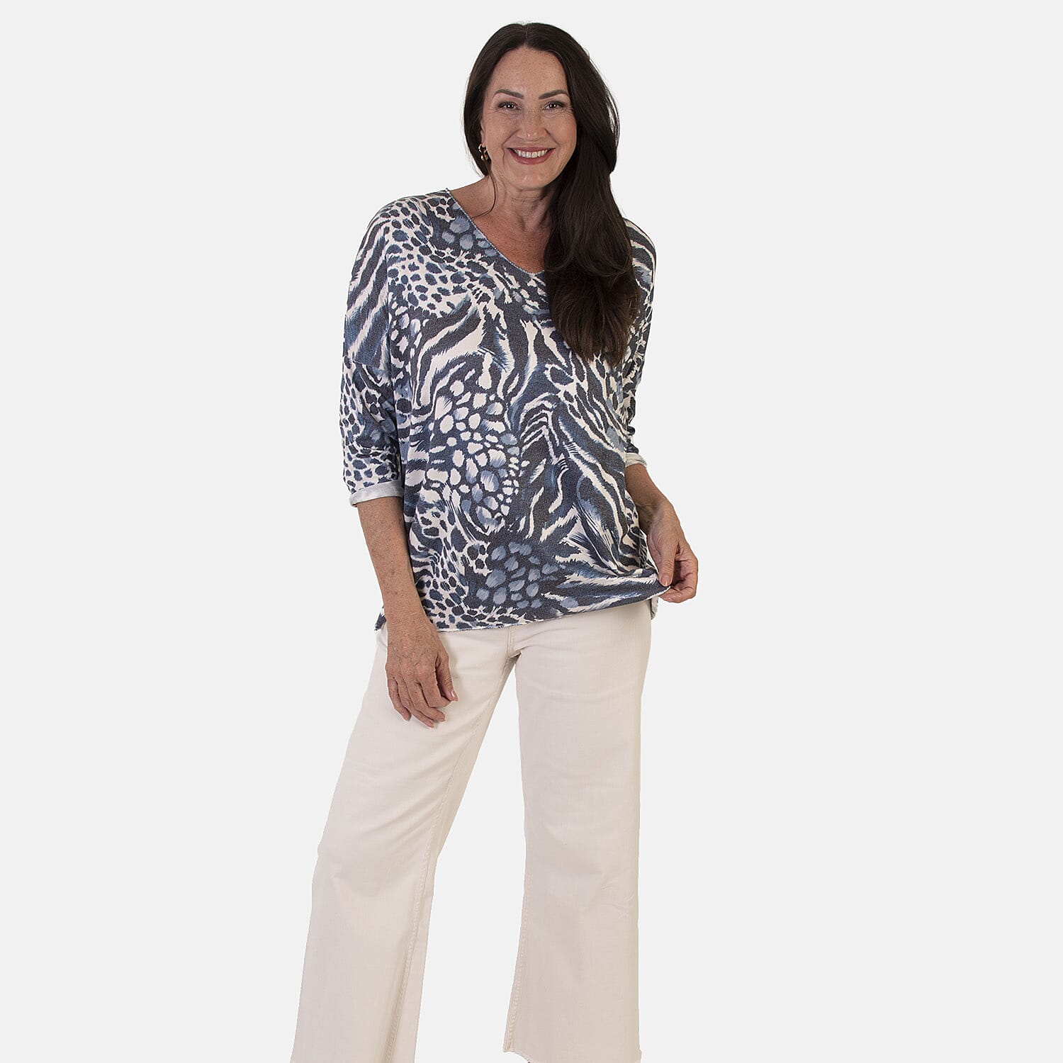 Sugar Crisp Italian Made V-Neck Abstract Print Top One-Size (Fits upto Size 18) - Navy