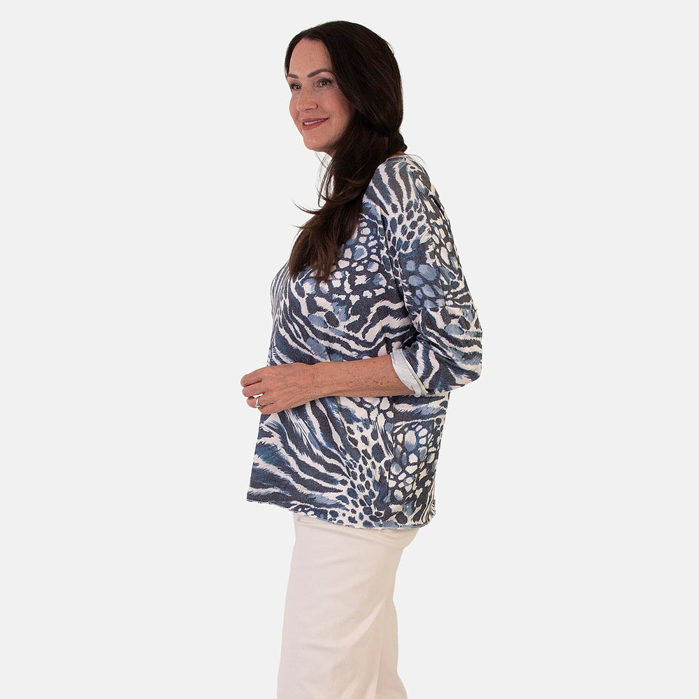 Sugar Crisp Italian Made V-Neck Abstract Print Top One-Size (Fits upto Size 18) - Navy