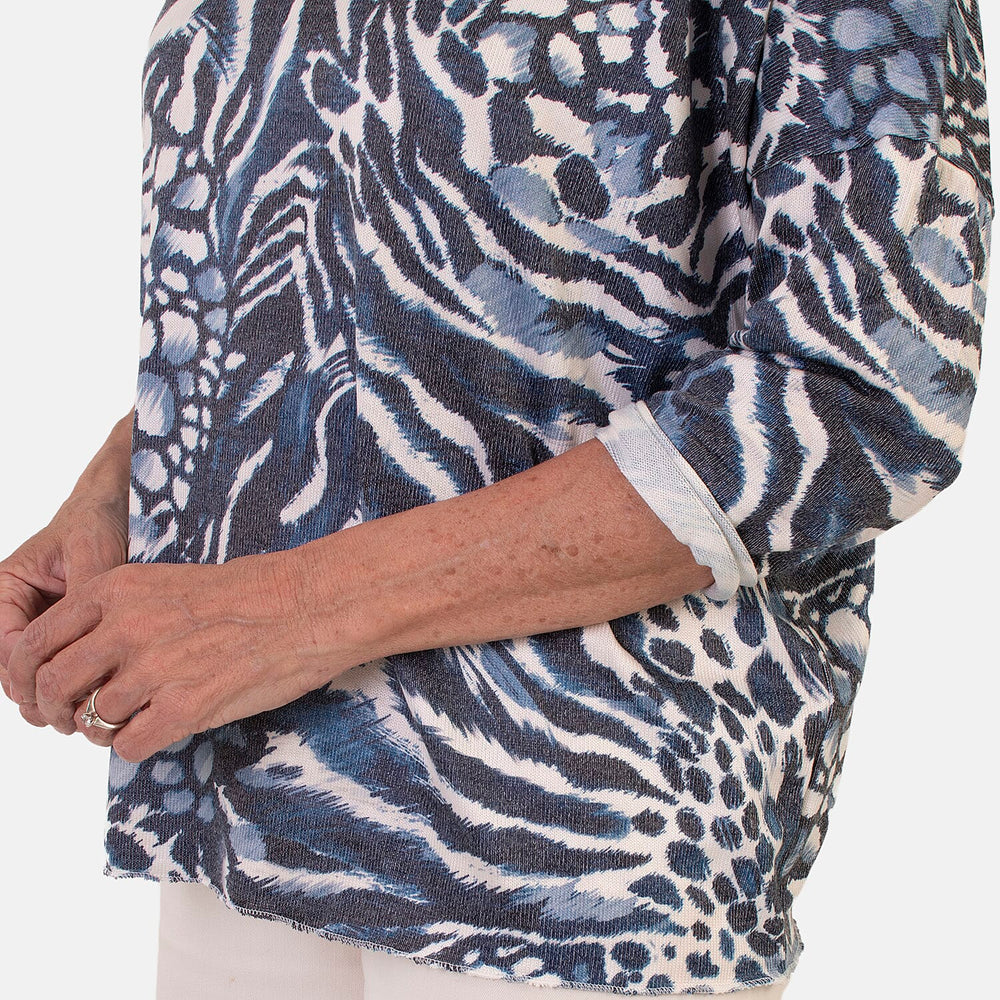 Sugar Crisp Italian Made V-Neck Abstract Print Top One-Size (Fits upto Size 18) - Navy