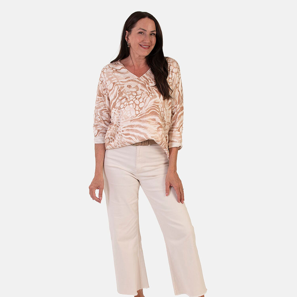Sugar Crisp Italian Made V-Neck Abstract Print Top One-Size (Fits upto Size 22) - Stone