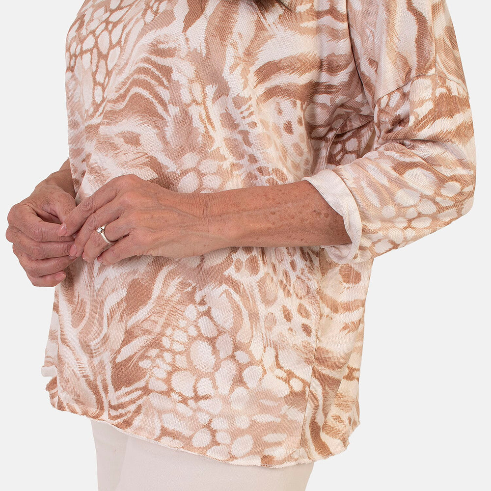 Sugar Crisp Italian Made V-Neck Abstract Print Top One-Size (Fits upto Size 22) - Stone