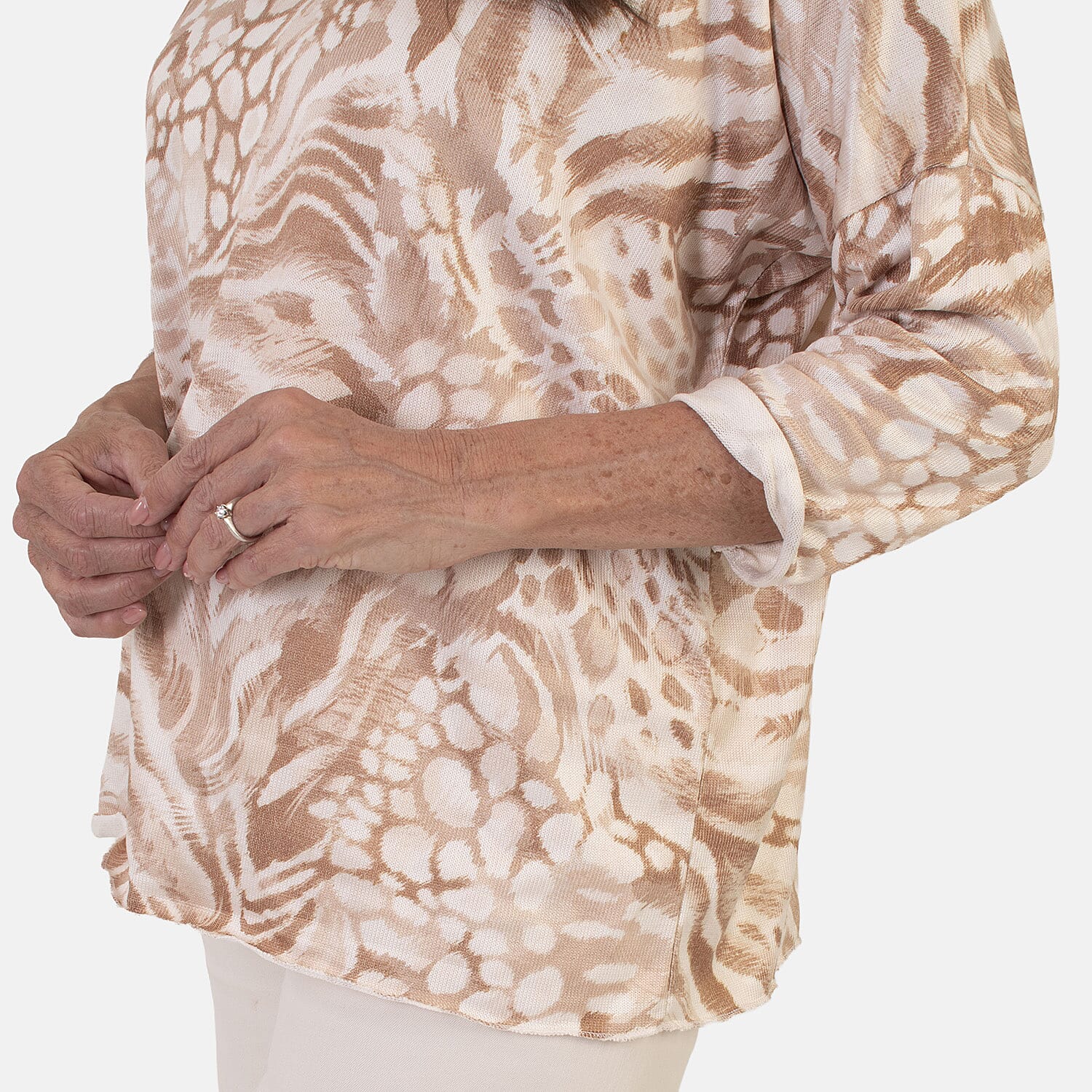 Sugar Crisp Italian Made V-Neck Abstract Print Top One-Size (Fits upto Size 22) - Stone