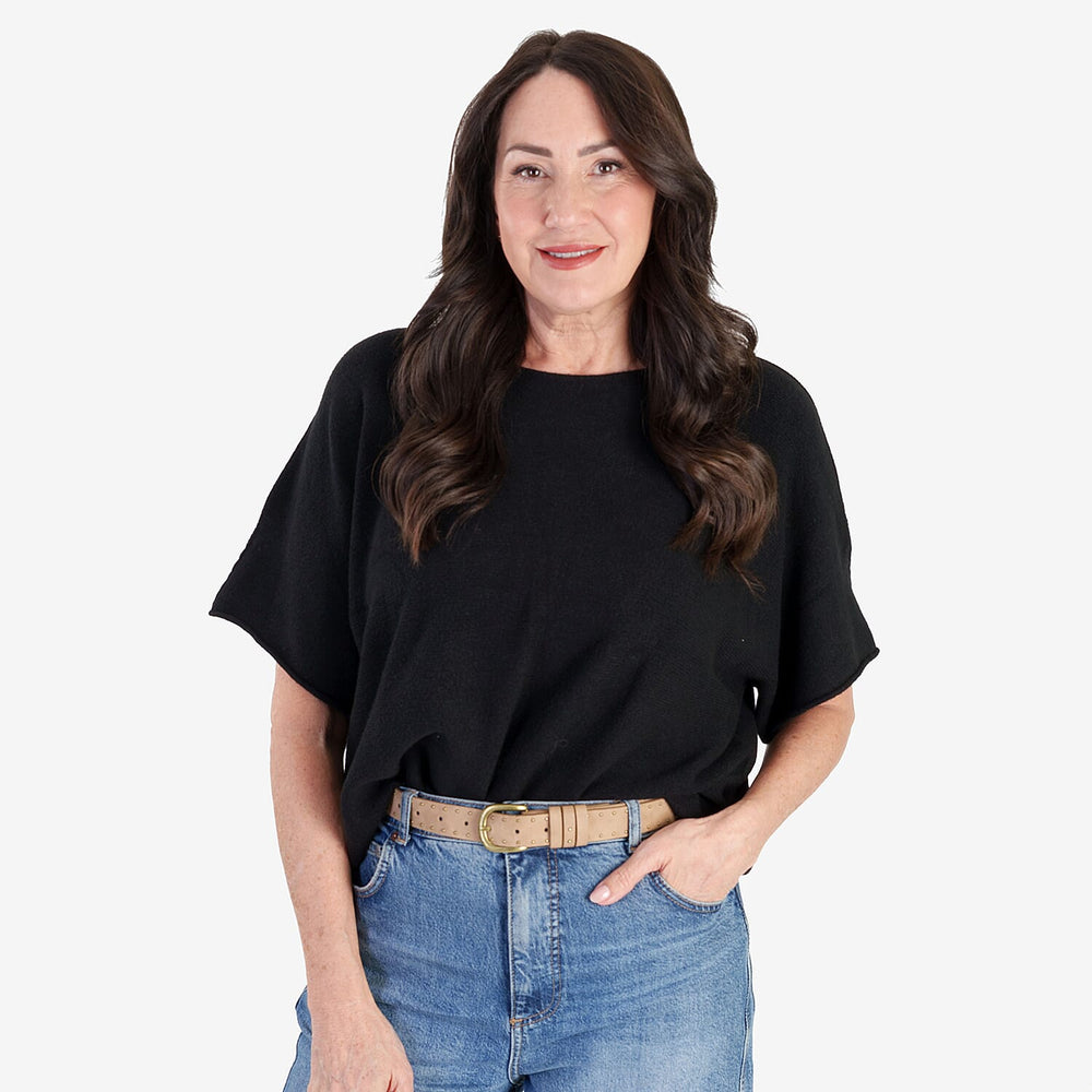 Sugar Crisp Italian-Made Batwing Sleeve Round Neck Top (One Size) - Black
