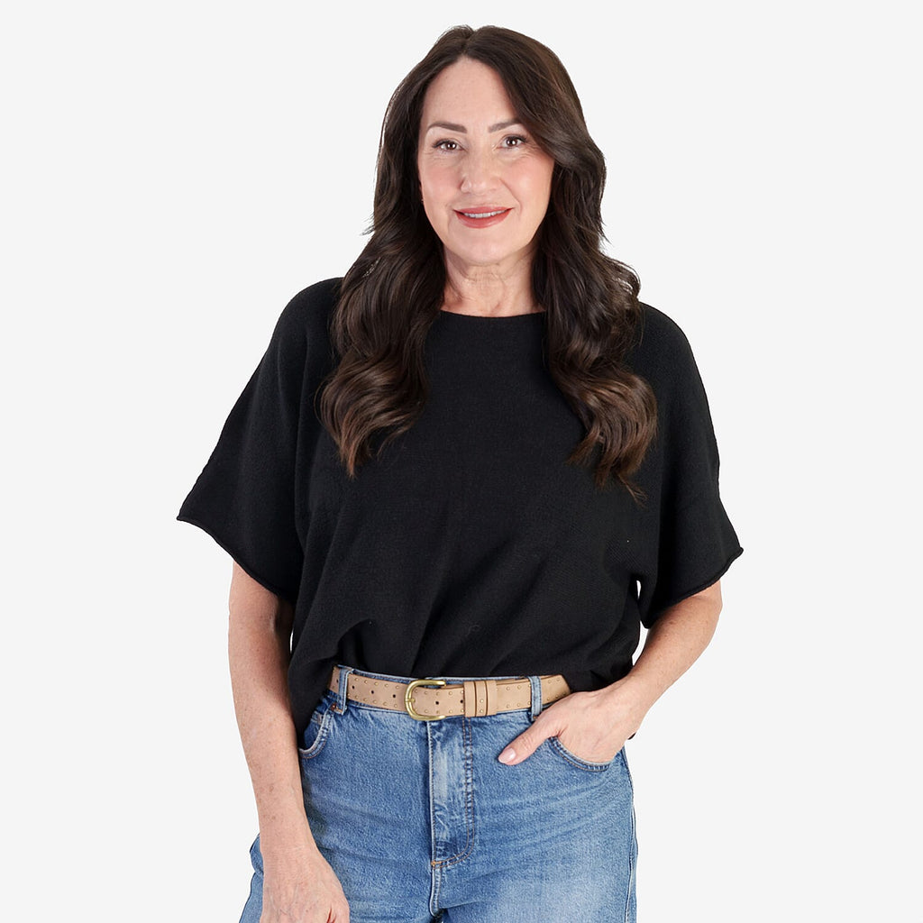 Sugar Crisp Italian-Made Batwing Sleeve Round Neck Top (One Size) - Black