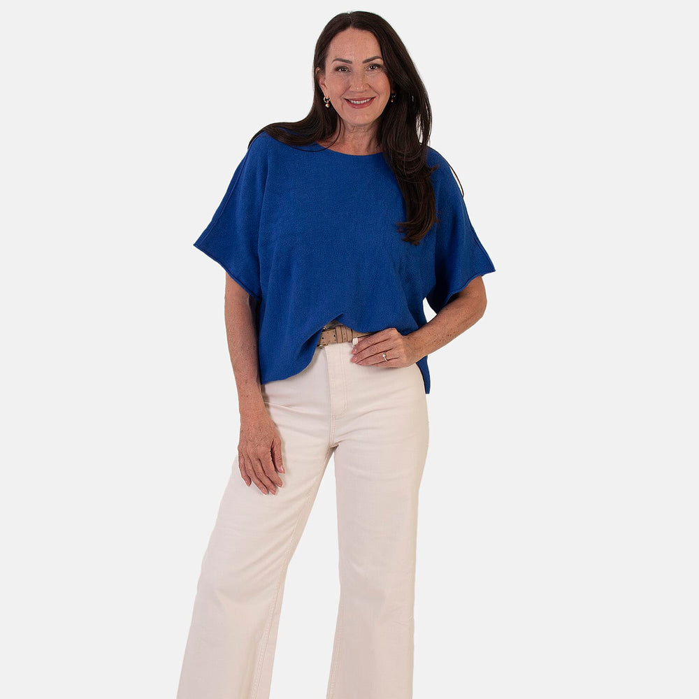 Sugar Crisp Italian-Made Batwing Sleeve Round Neck Top (One Size) - Cobalt