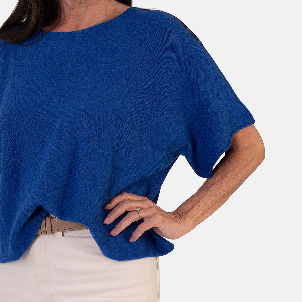 Sugar Crisp Italian-Made Batwing Sleeve Round Neck Top (One Size) - Cobalt