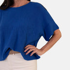 Sugar Crisp Italian-Made Batwing Sleeve Round Neck Top (One Size) - Cobalt