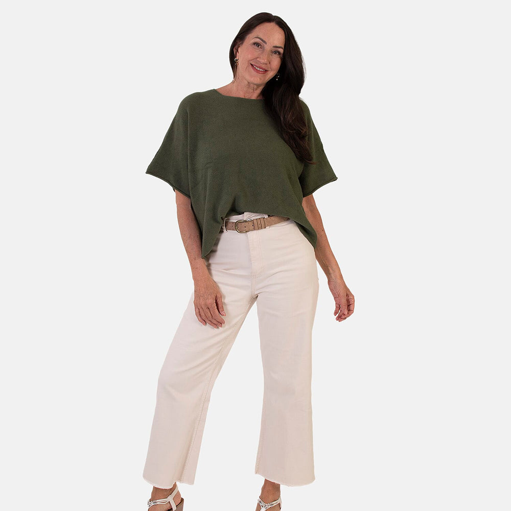 Sugar Crisp Italian-Made Batwing Sleeve Round Neck Top (One Size) - Khaki