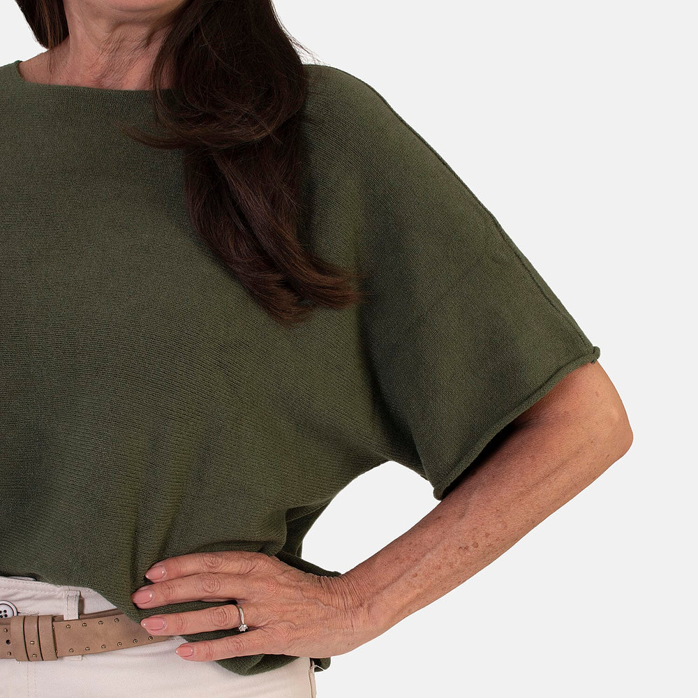 Sugar Crisp Italian-Made Batwing Sleeve Round Neck Top (One Size) - Khaki