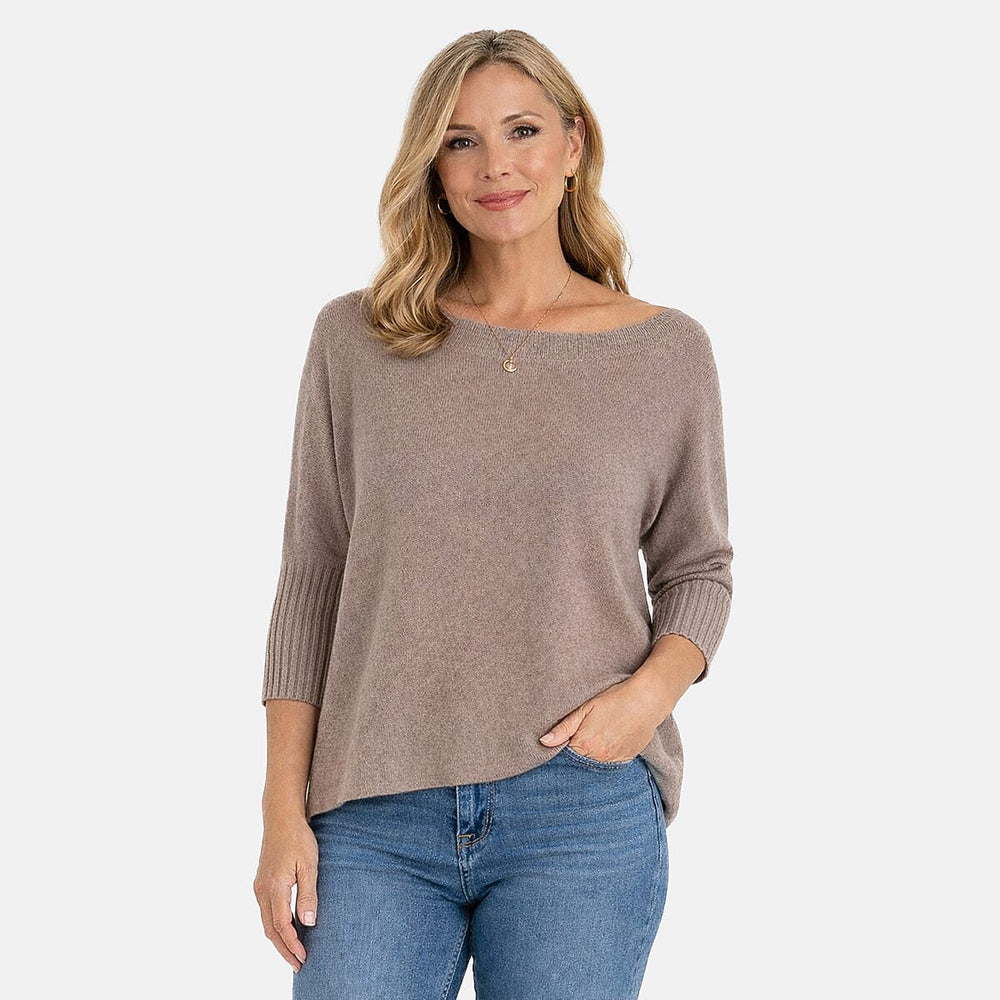 Sugar Crisp Ribbed Off-Shoulder Boat Neck Jumper (One Size, Upto 18) - Mocha