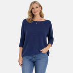 Sugar Crisp Ribbed Off-Shoulder Boat Neck Jumper (One Size, Upto 18) - Navy