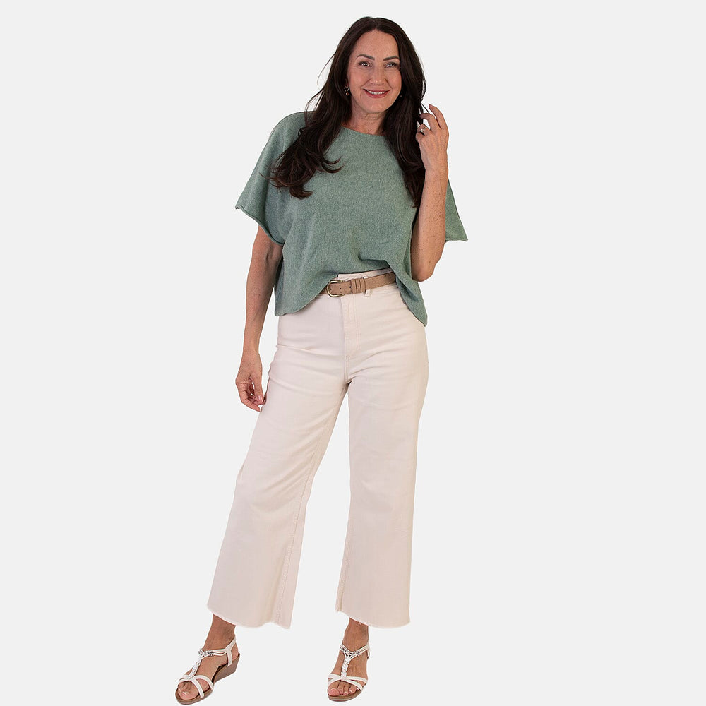 Sugar Crisp Italian-Made Batwing Sleeve Round Neck Top (One Size) - Sage Green
