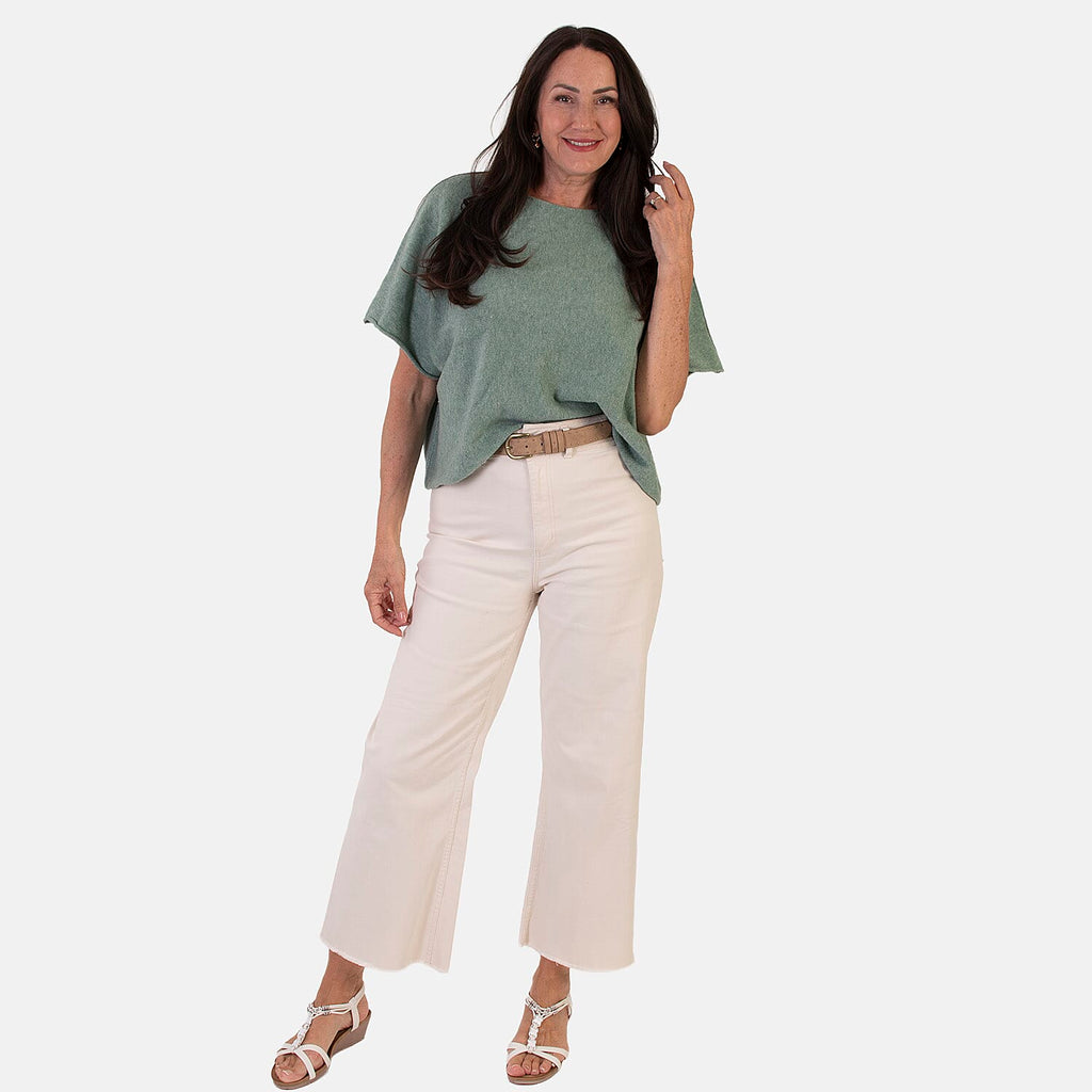 Sugar Crisp Italian-Made Batwing Sleeve Round Neck Top (One Size) - Sage Green
