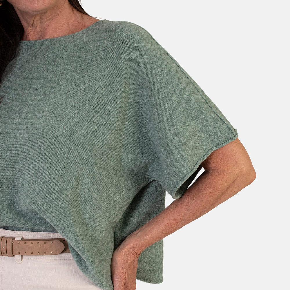 Sugar Crisp Italian-Made Batwing Sleeve Round Neck Top (One Size) - Sage Green