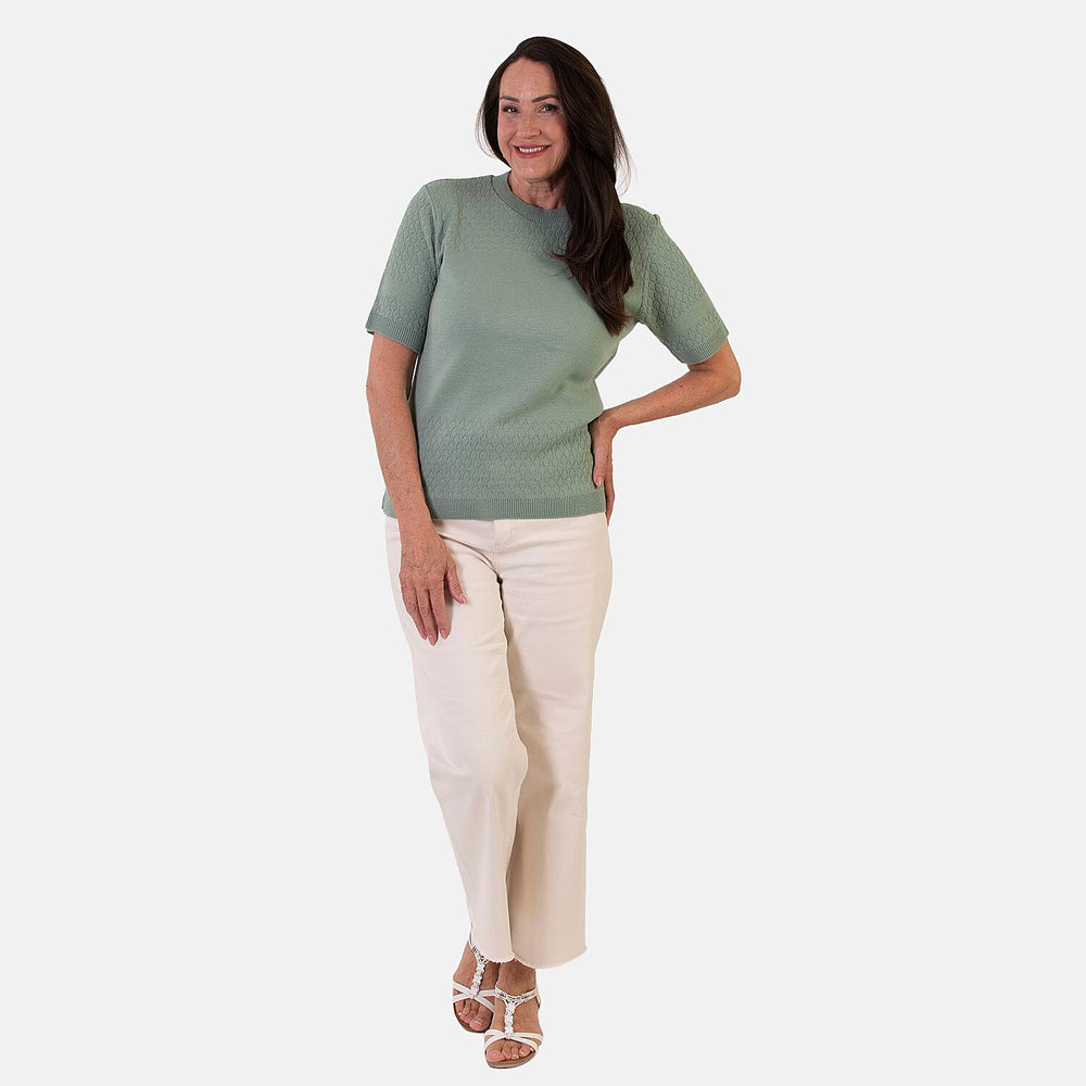 Sugar Crisp Lightweight Pointelle Knit Crewneck Short-Sleeve Top (Size L) - Sage Green