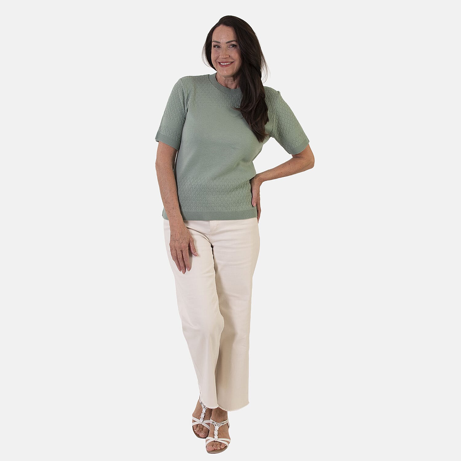 Sugar Crisp Lightweight Pointelle Knit Crewneck Short-Sleeve Top (Size L) - Sage Green