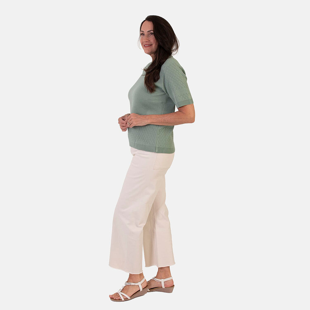 Sugar Crisp Lightweight Pointelle Knit Crewneck Short-Sleeve Top (Size L) - Sage Green