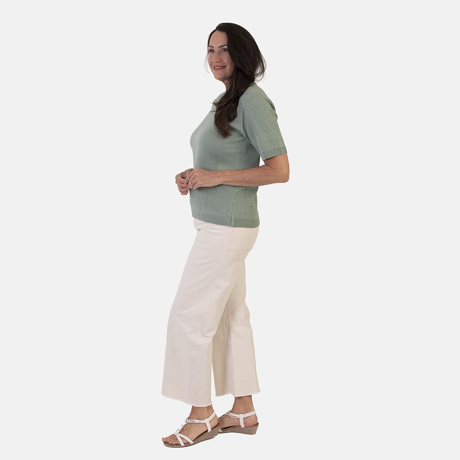 Sugar Crisp Lightweight Pointelle Knit Crewneck Short-Sleeve Top (Size L) - Sage Green