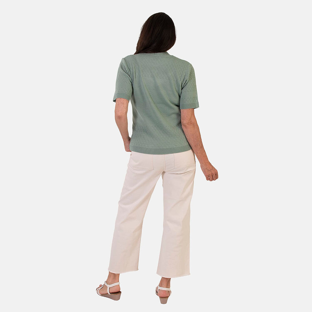 Sugar Crisp Lightweight Pointelle Knit Crewneck Short-Sleeve Top (Size L) - Sage Green