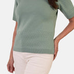 Sugar Crisp Lightweight Pointelle Knit Crewneck Short-Sleeve Top (Size L) - Sage Green