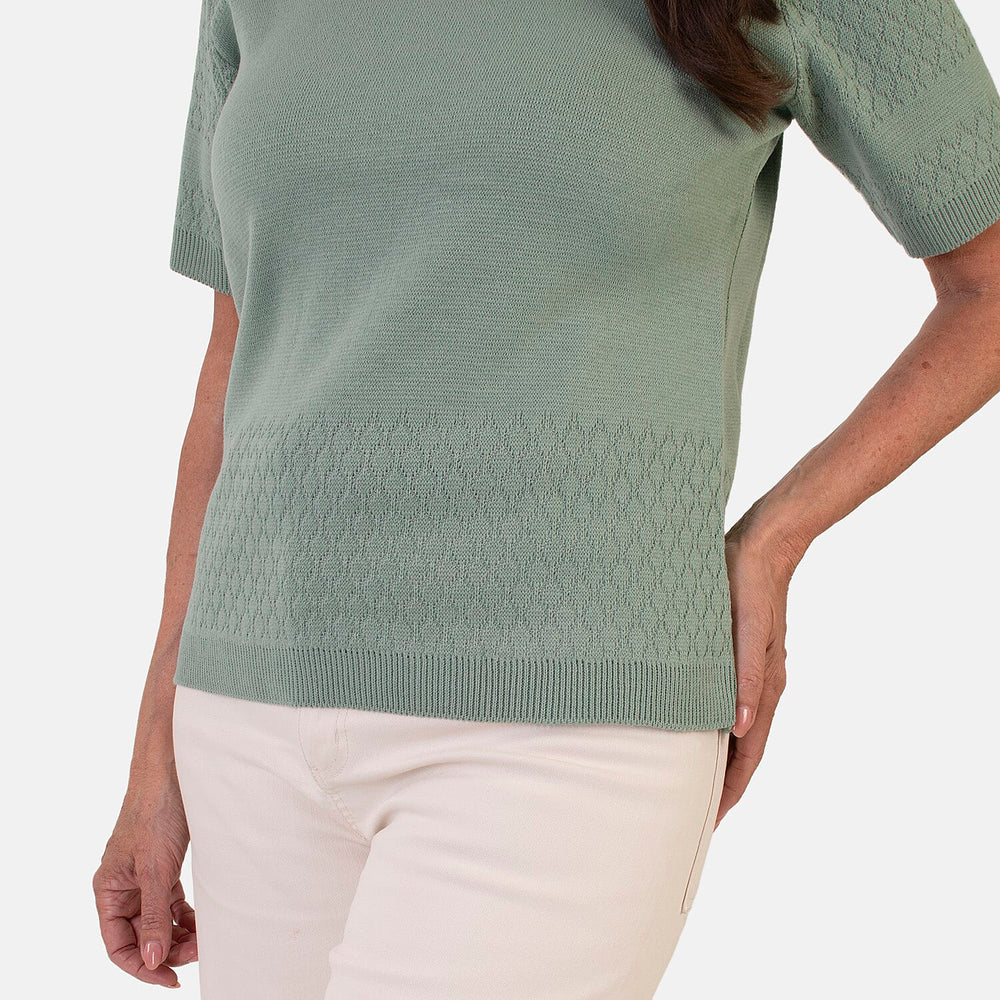 Sugar Crisp Lightweight Pointelle Knit Crewneck Short-Sleeve Top (Size XL) - Sage Green