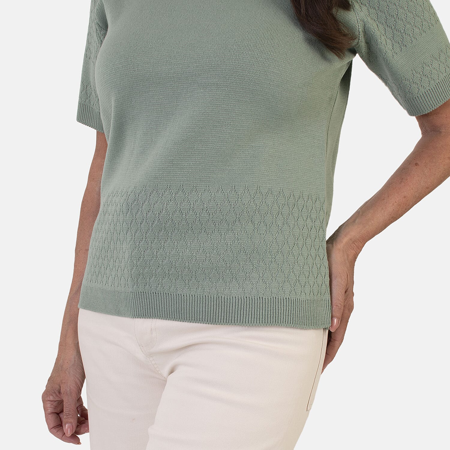 Sugar Crisp Lightweight Pointelle Knit Crewneck Short-Sleeve Top (Size XL) - Sage Green