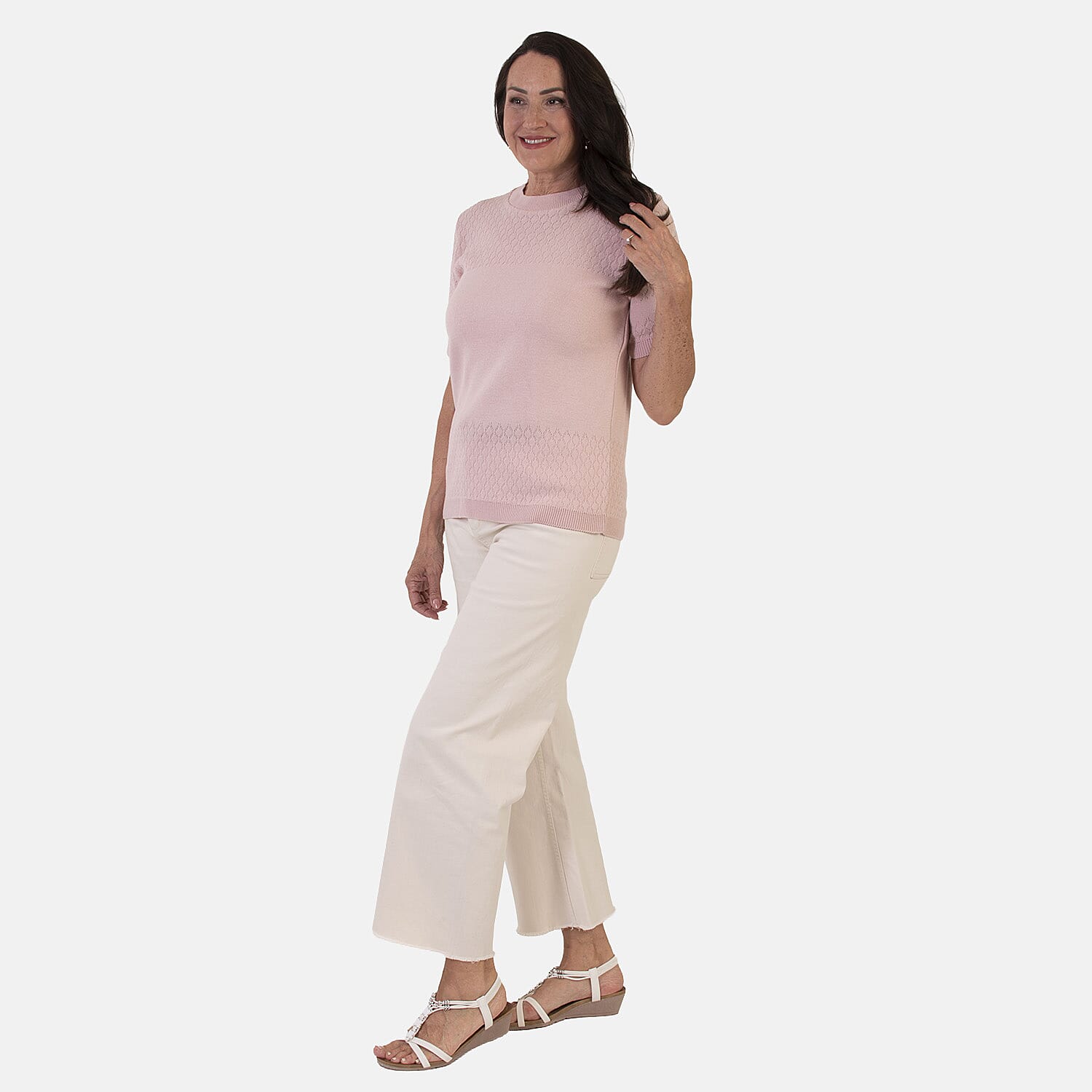Sugar Crisp Lightweight Pointelle Knit Crewneck Short-Sleeve Top (Size M) - Pale Pink