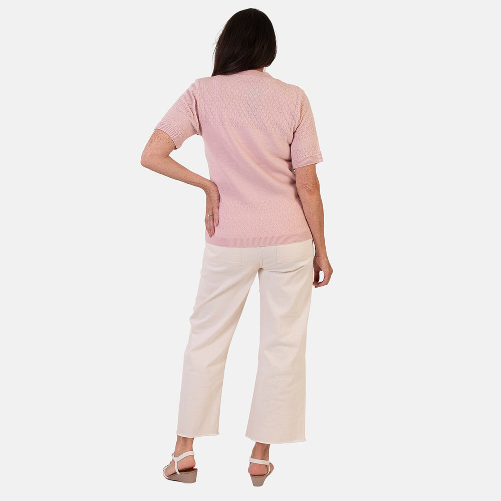 Sugar Crisp Lightweight Pointelle Knit Crewneck Short-Sleeve Top (Size M) - Pale Pink