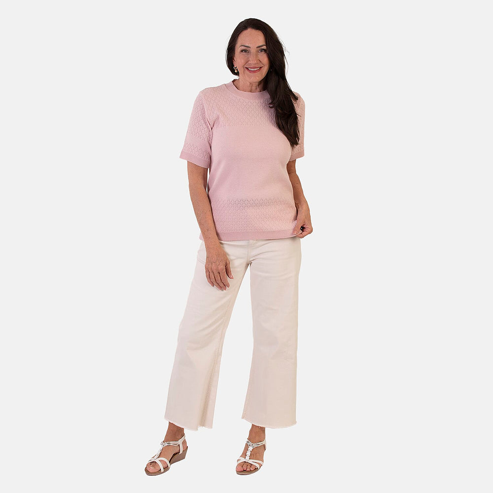 Sugar Crisp Lightweight Pointelle Knit Crewneck Short-Sleeve Top (Size S) - Pale Pink