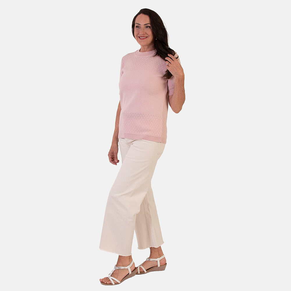 Sugar Crisp Lightweight Pointelle Knit Crewneck Short-Sleeve Top (Size S) - Pale Pink