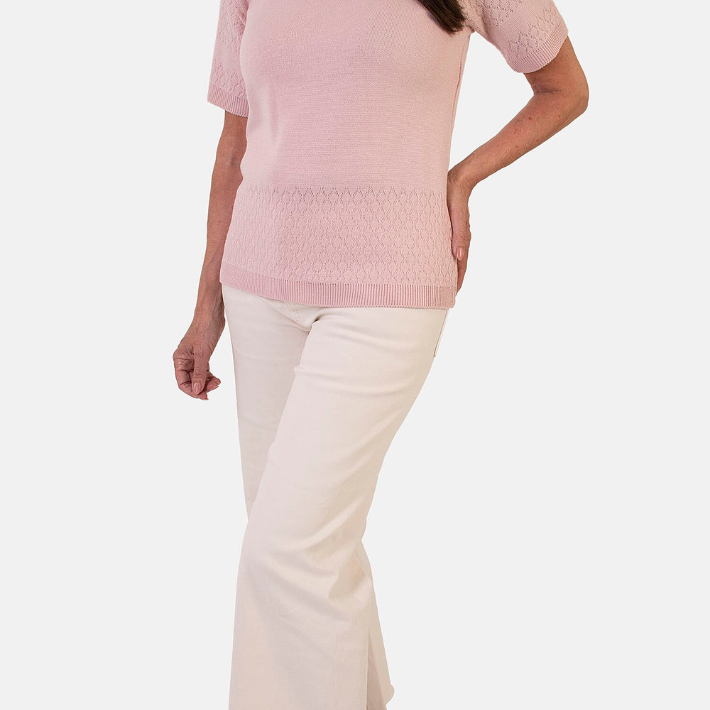 Sugar Crisp Lightweight Pointelle Knit Crewneck Short-Sleeve Top (Size XL) - Pale Pink
