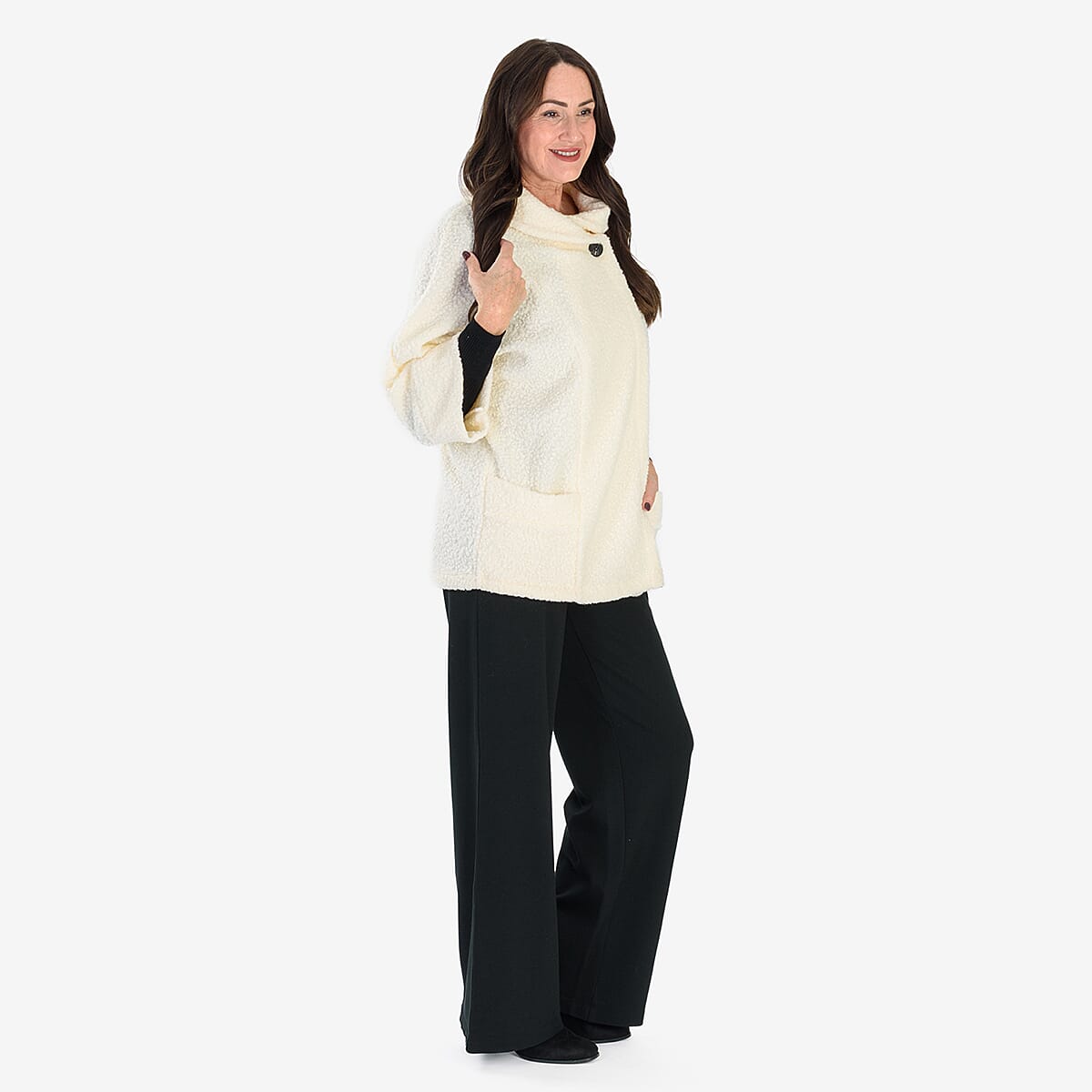 Sugar Crisp Made In Italy One Button Boucle Coat With Pockets (One Size) - Cream