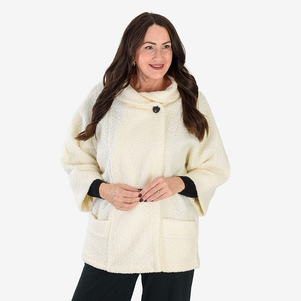 Sugar Crisp Made In Italy One Button Boucle Coat With Pockets (One Size) - Cream