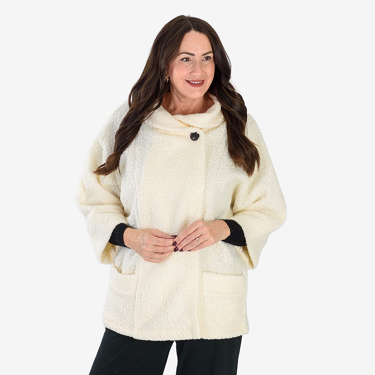 Sugar Crisp Made In Italy One Button Boucle Coat With Pockets (One Size) - Cream
