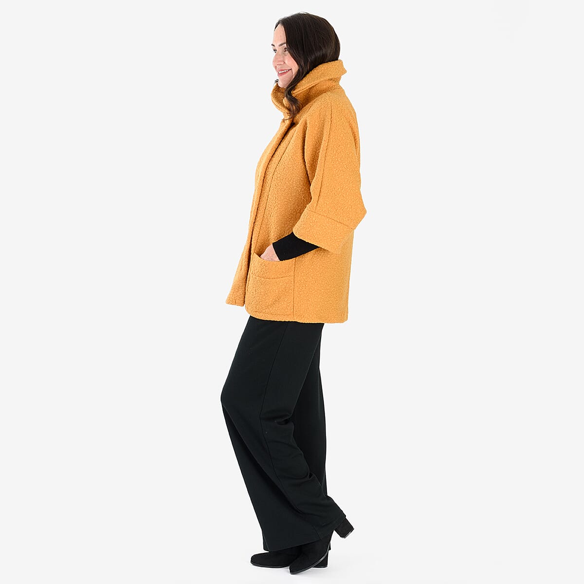 Sugar Crisp Made In Italy One Button Boucle Coat With Pockets (One Size) - Mustard