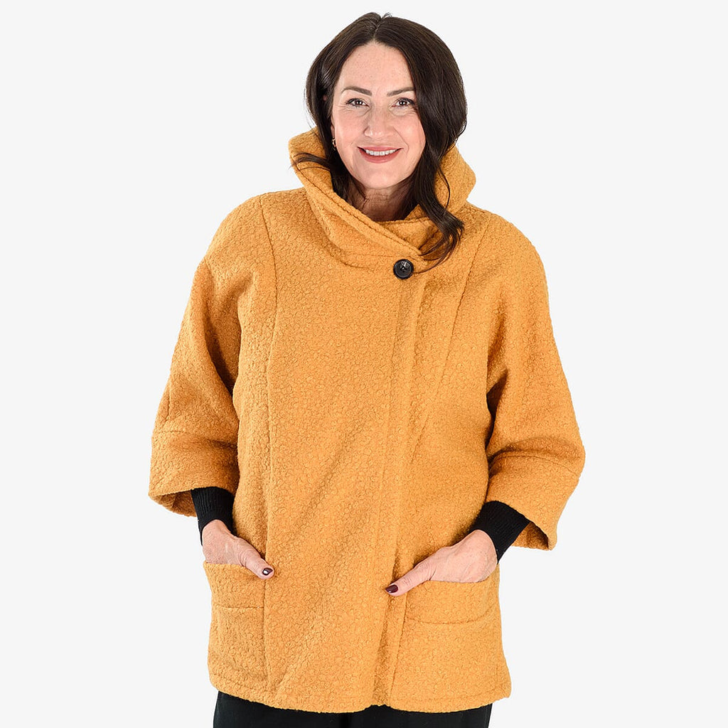 Sugar Crisp Made In Italy One Button Boucle Coat With Pockets (One Size) - Mustard