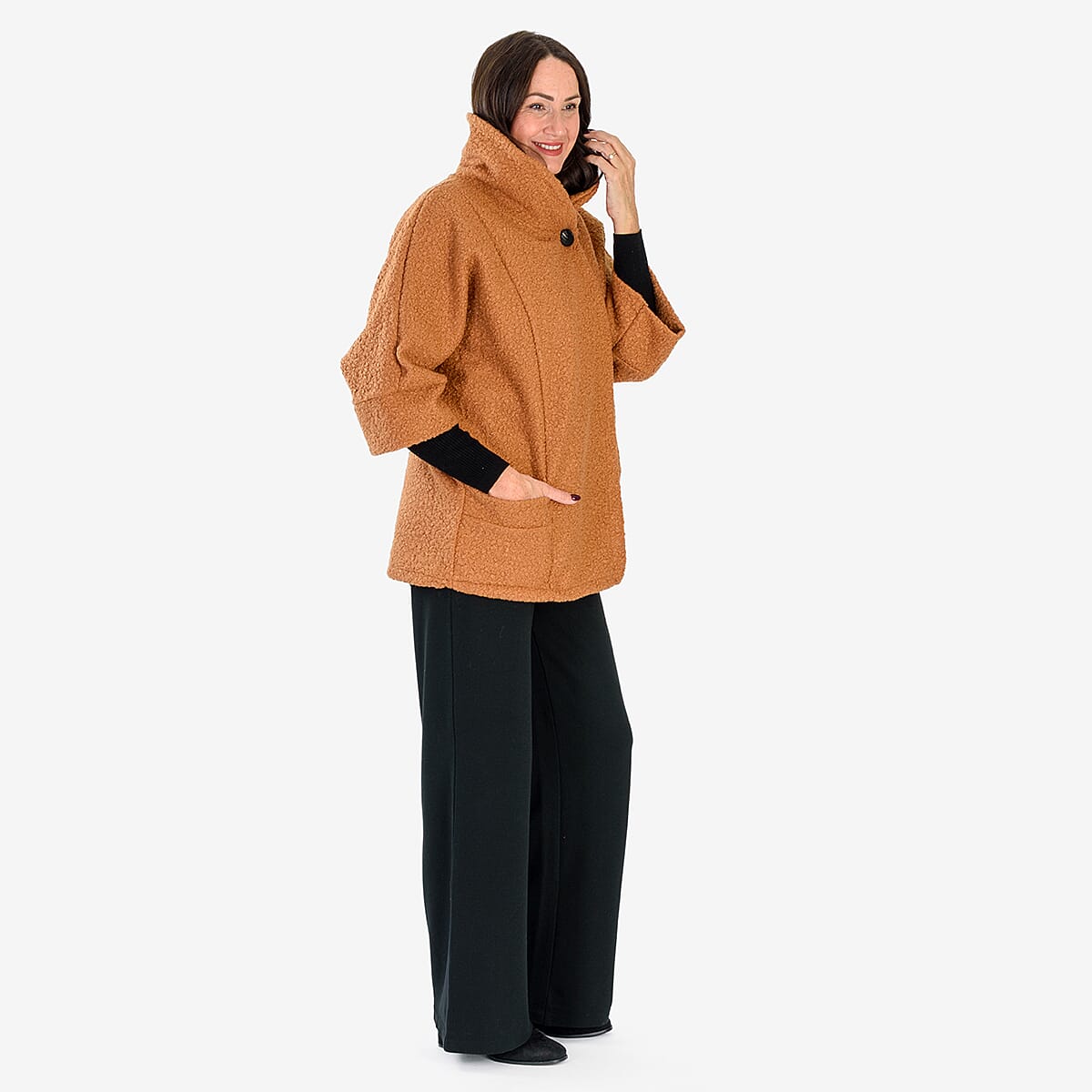 Sugar Crisp Made In Italy One Button Boucle Coat With Pockets (One Size 8 to 22) - Brown