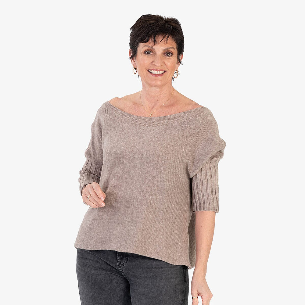 Sugar Crisp Ribbed Off-Shoulder Boat Neck Jumper (One Size, Upto 18) - Mocha