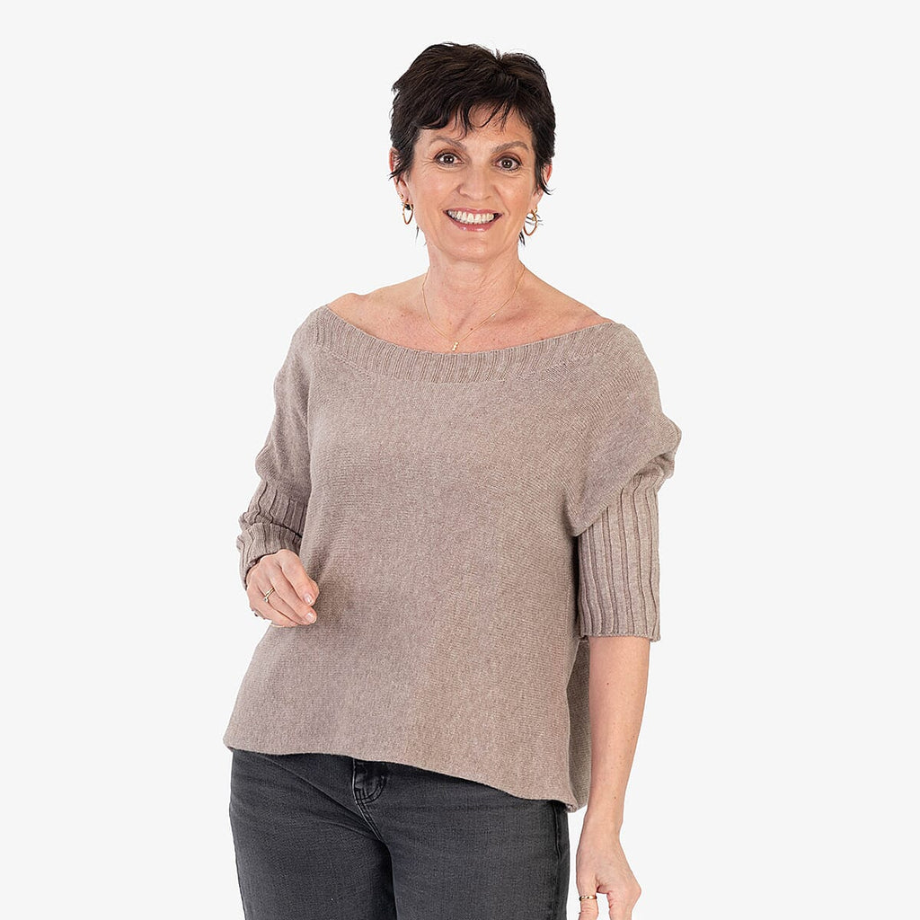 Sugar Crisp Ribbed Off-Shoulder Boat Neck Jumper (One Size, Upto 18) - Mocha