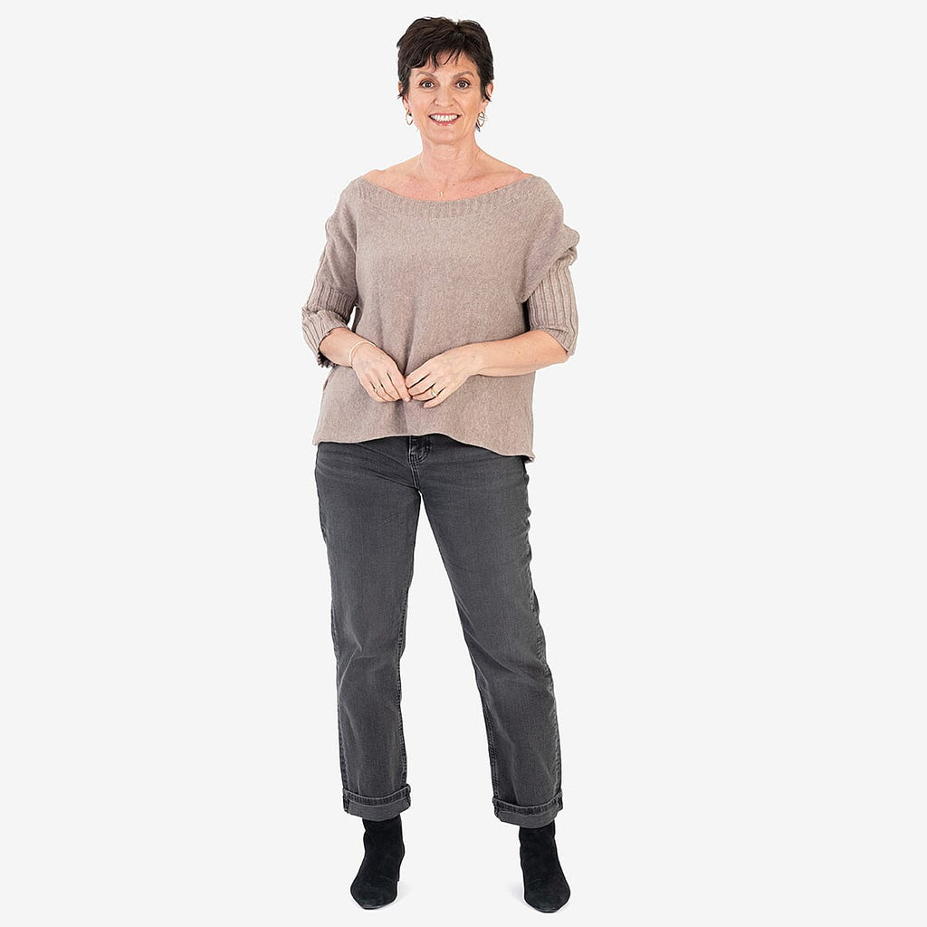 Sugar Crisp Ribbed Off-Shoulder Boat Neck Jumper (One Size, Upto 18) - Mocha