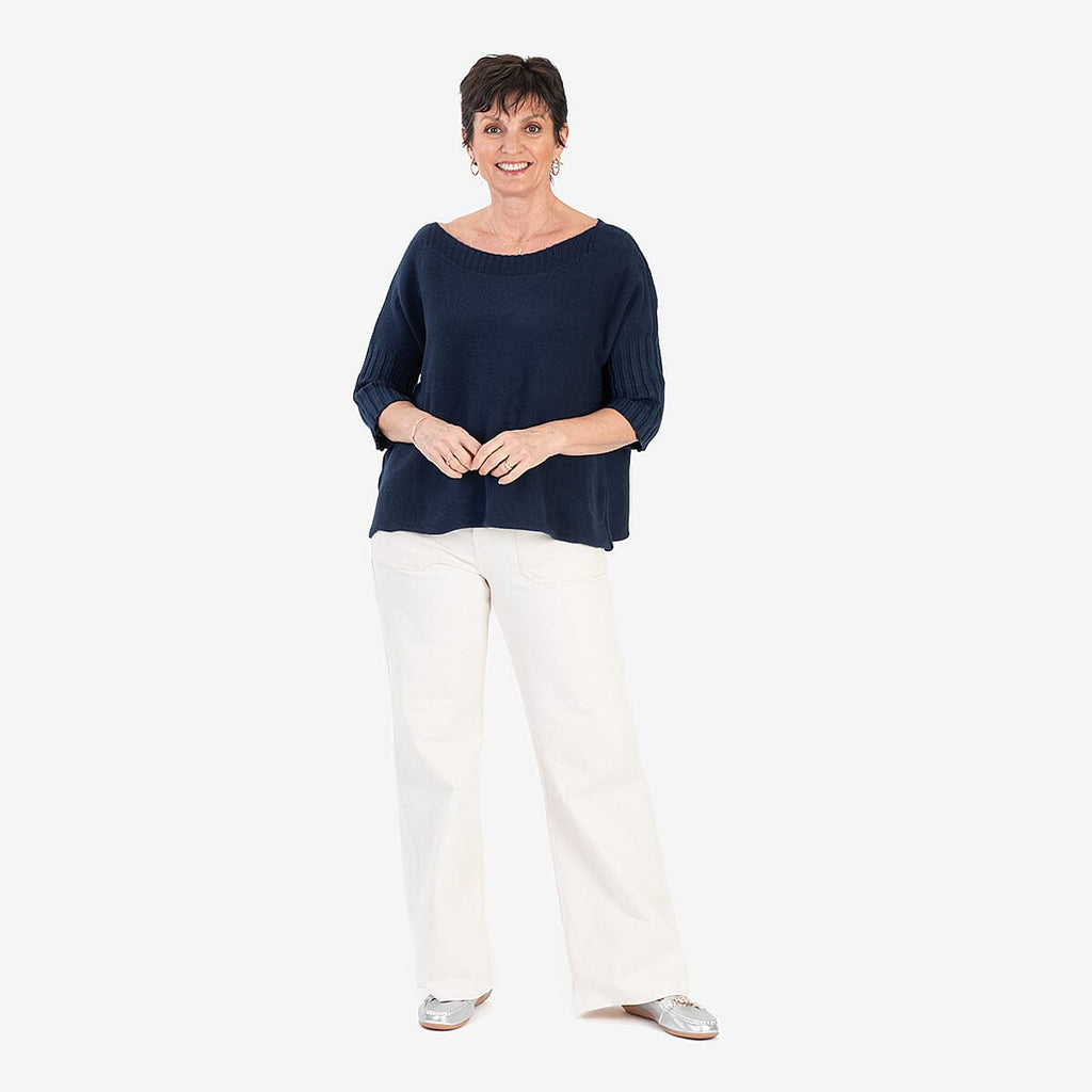 Sugar Crisp Ribbed Off-Shoulder Boat Neck Jumper (One Size, Upto 18) - Navy