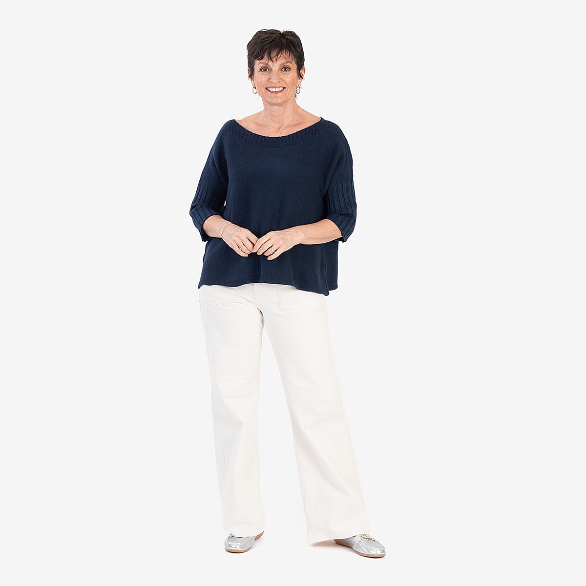 Sugar Crisp Ribbed Off-Shoulder Boat Neck Jumper (One Size, Upto 18) - Navy