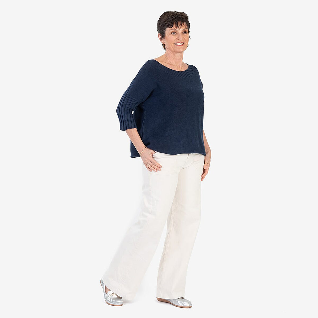 Sugar Crisp Ribbed Off-Shoulder Boat Neck Jumper (One Size, Upto 18) - Navy