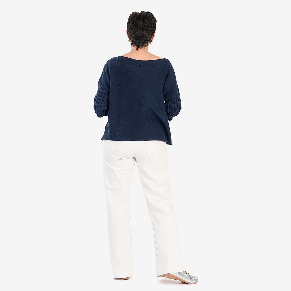 Sugar Crisp Ribbed Off-Shoulder Boat Neck Jumper (One Size, Upto 18) - Navy