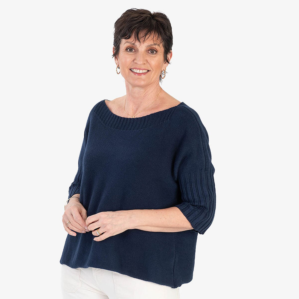 Sugar Crisp Ribbed Off-Shoulder Boat Neck Jumper (One Size, Upto 18) - Navy